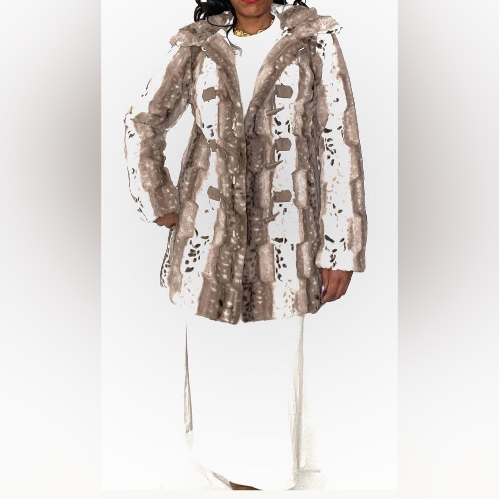 NEW! VINTAGE 90s Reversible Dennis Basso Beige and Brown Faux Fur Coat Sz1X